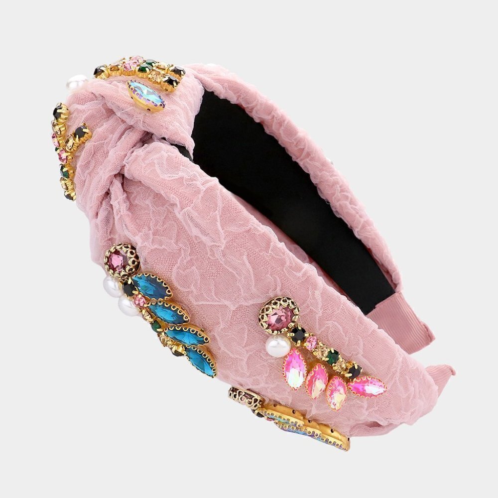 NEW Pink Lace Multi Stone Pearl Knot Embellished Headband
